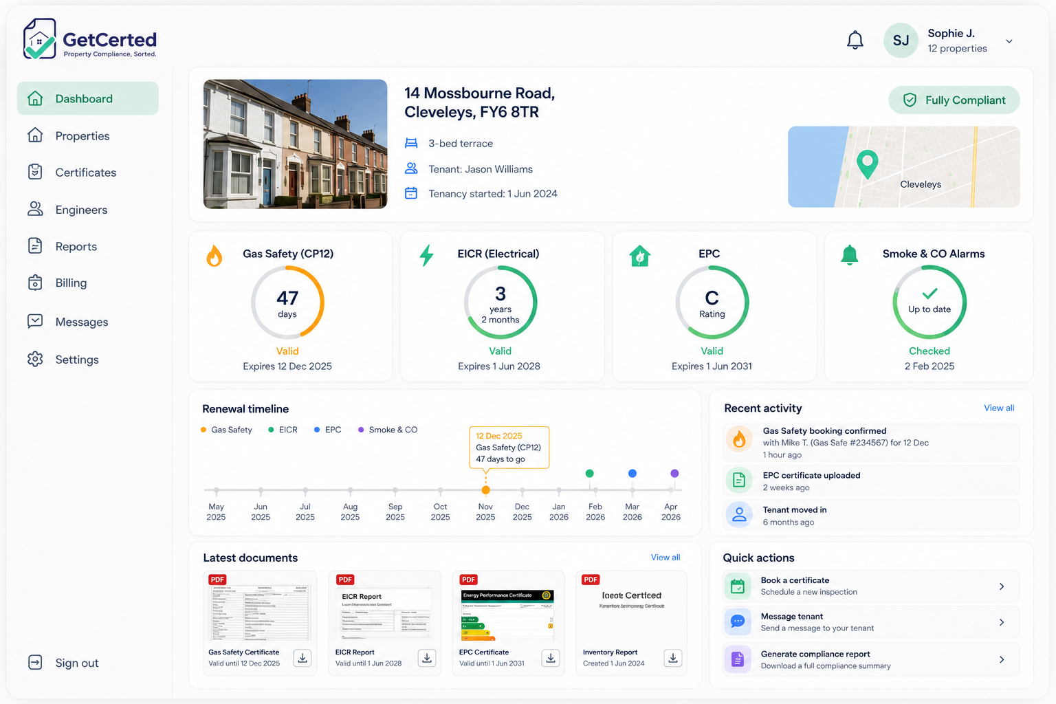 GetCerted dashboard — every landlord certificate tracked in one place